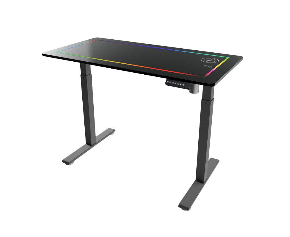 Glass Desktop Electric Standing Desk with Wireless Charging, Hand Warmer, LED Strip